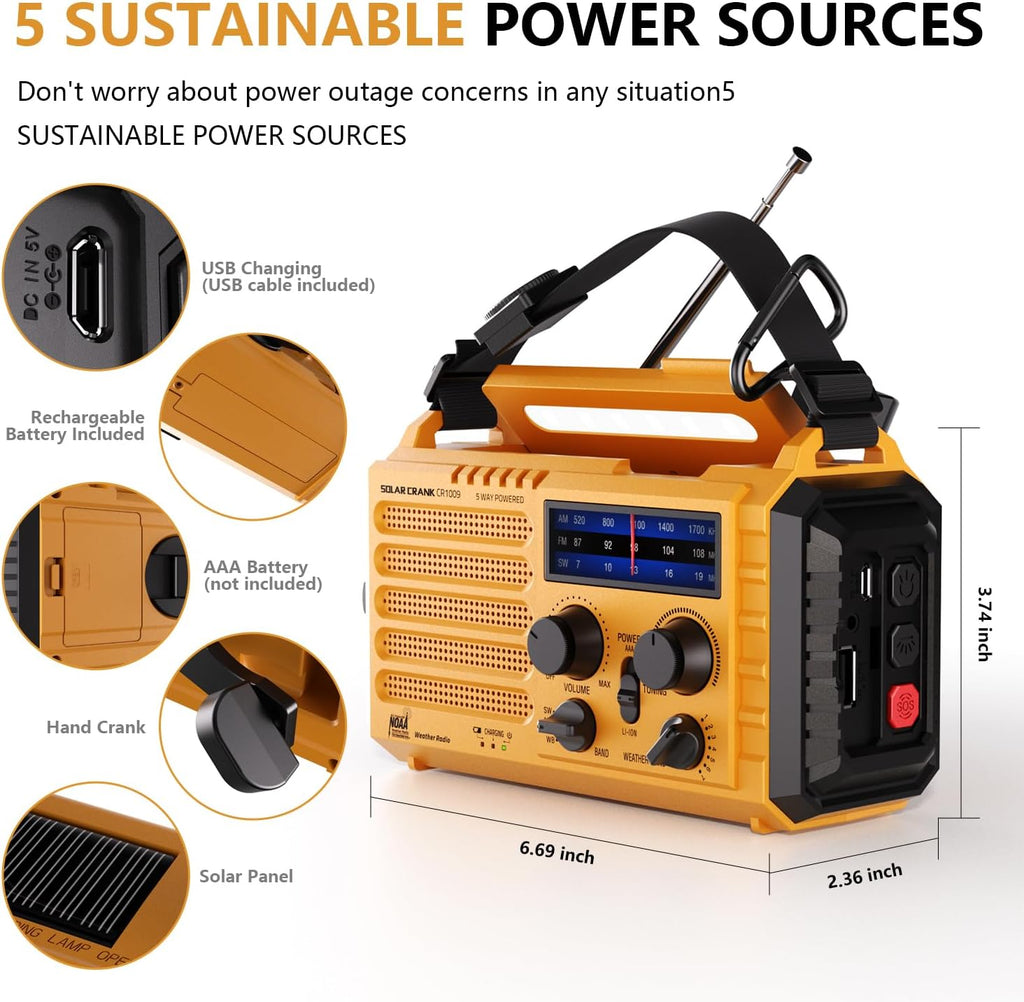 PPLEE Solar Hand-Crank Emergency Weather Radio, 5000mAh