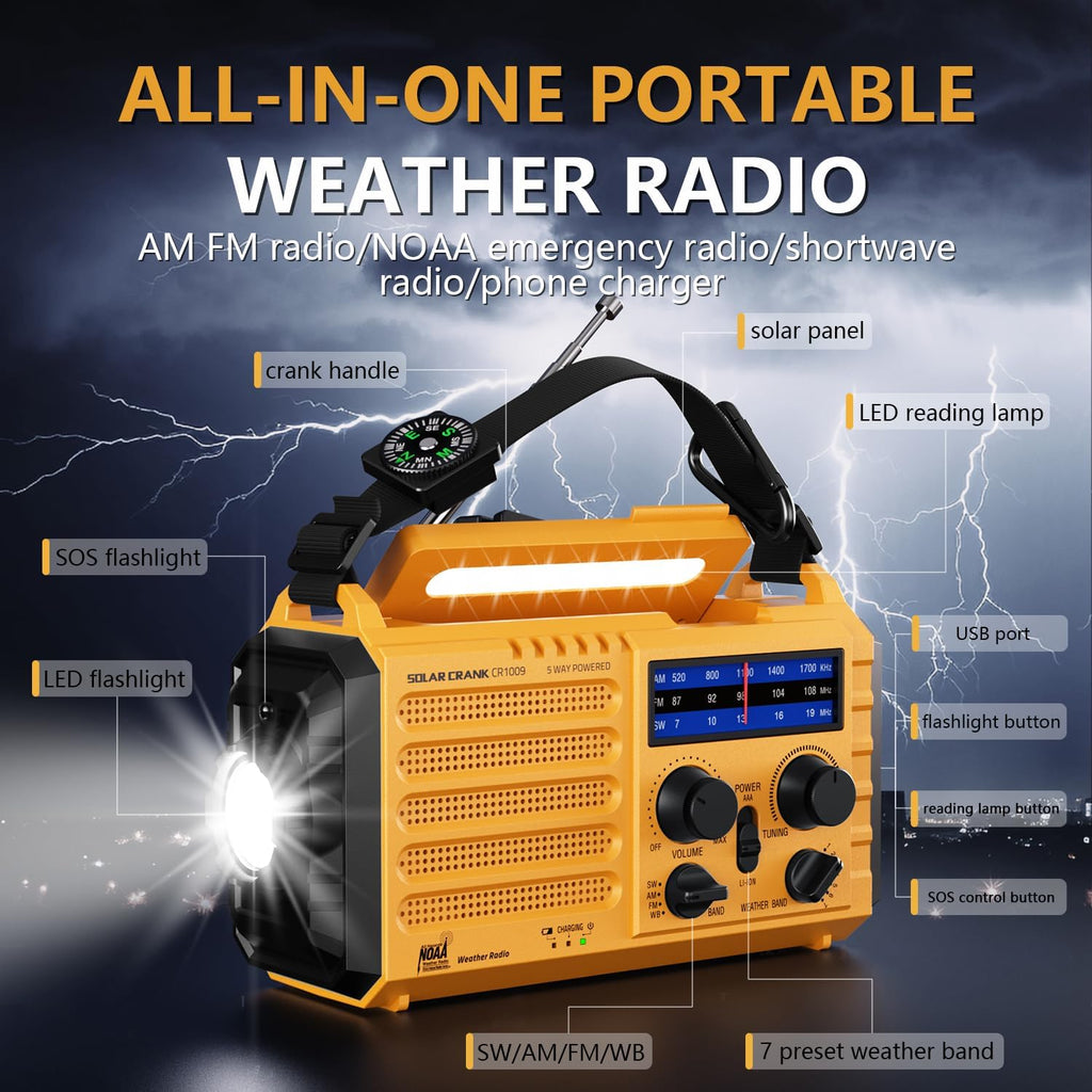 PPLEE Solar Hand-Crank Emergency Weather Radio, 5000mAh