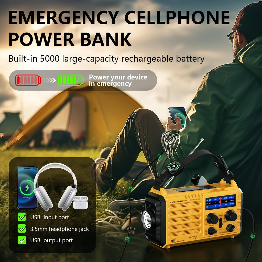 PPLEE Solar Hand-Crank Emergency Weather Radio, 5000mAh